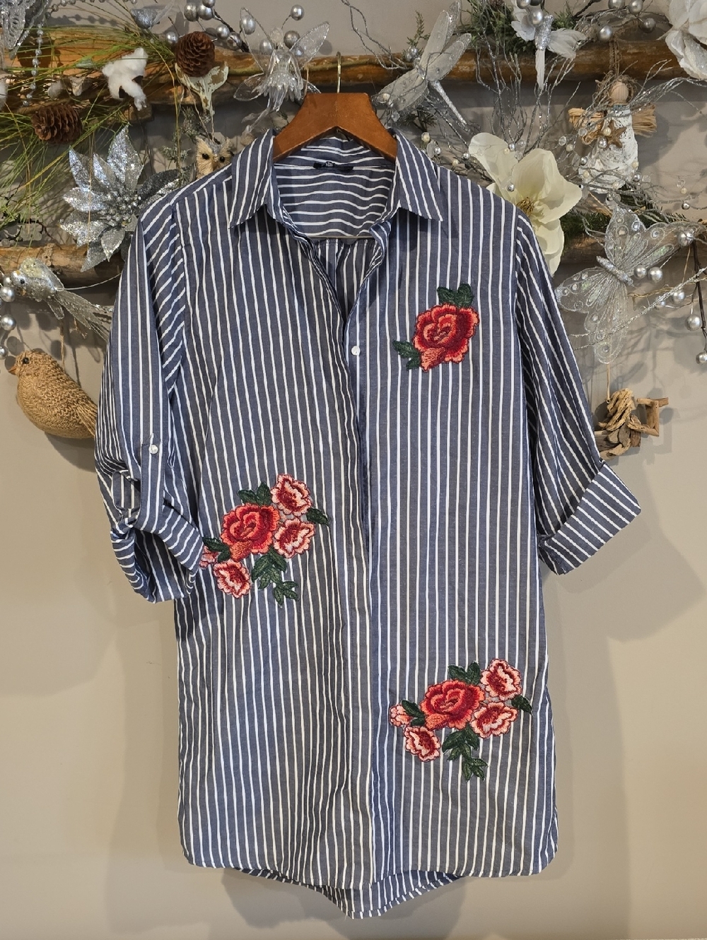 Striped Button-Down Tunic with Red Rose Embroidery